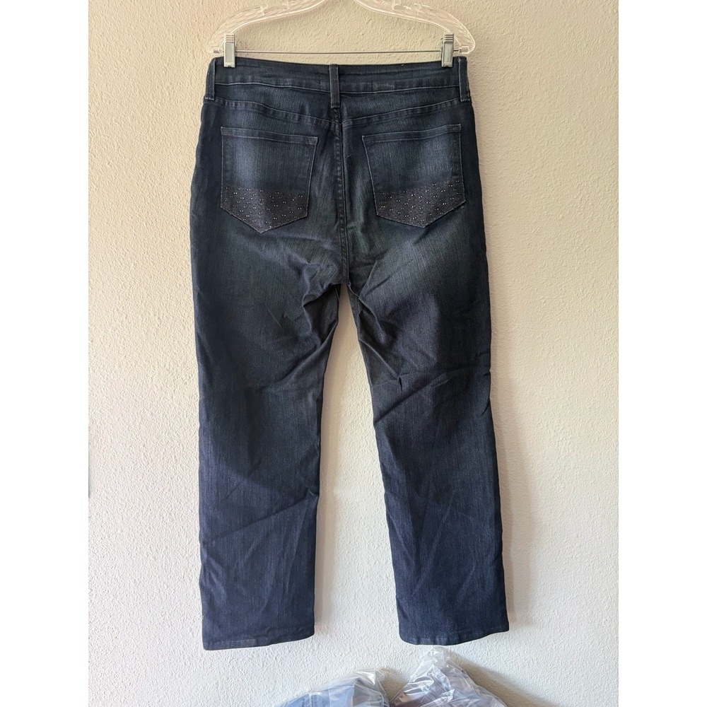 NYDJ Womens Straight Leg Jeans 12P Blue Rhinestone Embellished Mid Rise Denim
